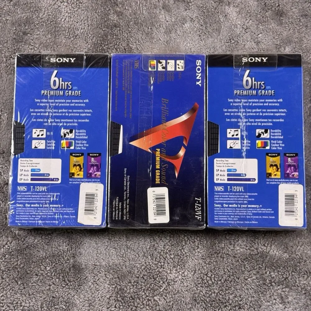 NEW Sealed SONY VHS TAPES 6 HRS Premium Grade T-120VL VHS Blank Tape Qty 3